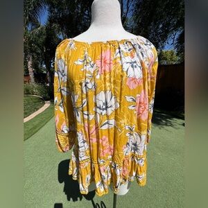Fever Yellow and White Ruffled 3/4 Sleeve Blouse